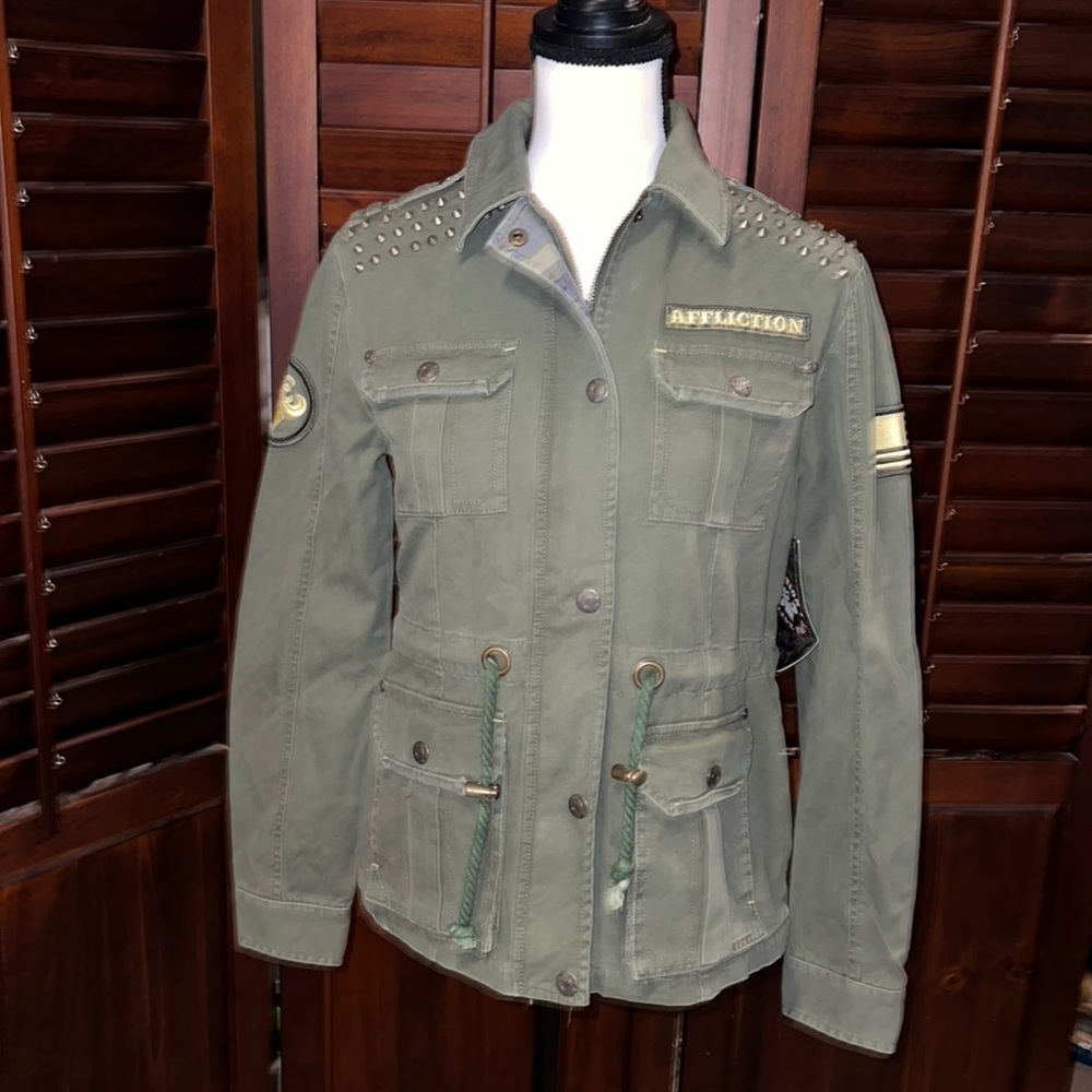 NWT AFFLICTION BLACK PREMIUM BRAND GREEN MILITARY JACKET W PATCHES/STUDDED